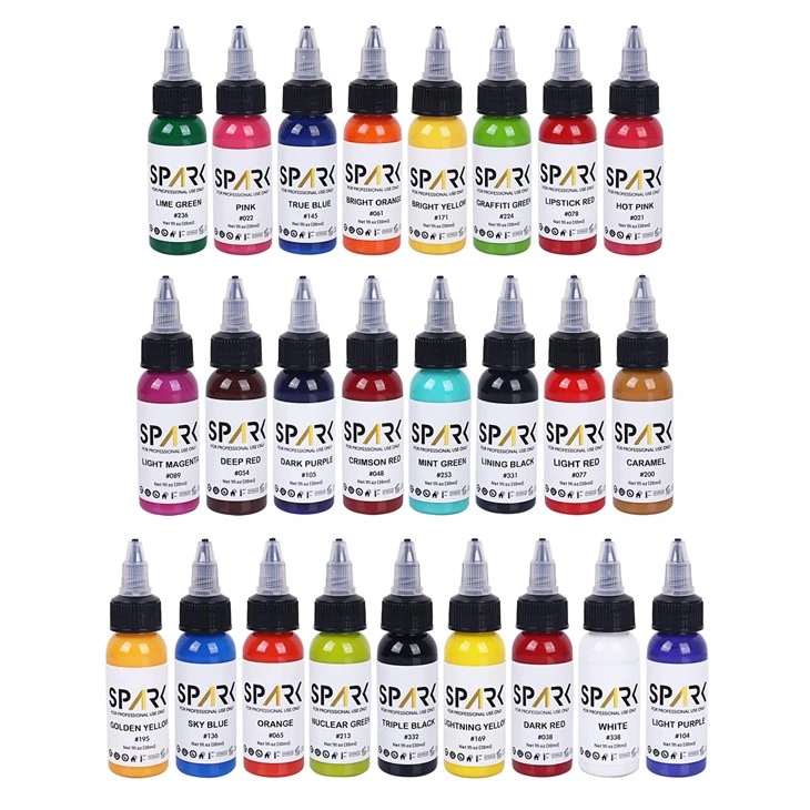 Spark High - End 1oz Premium Fast Smoo, den permanenta anpassade 25 färguppsättningar Spark Tattoo Ink för kroppskonst och tatuering
